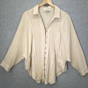 Listicle Lagenlook Button Front Distressed Seam Top Cream Linen Blend Size Small
